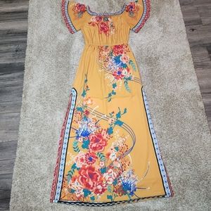 FLYING TOMATO MAXI Double Split, Off-Shoulder, Tropical Floral Bohemian Dress